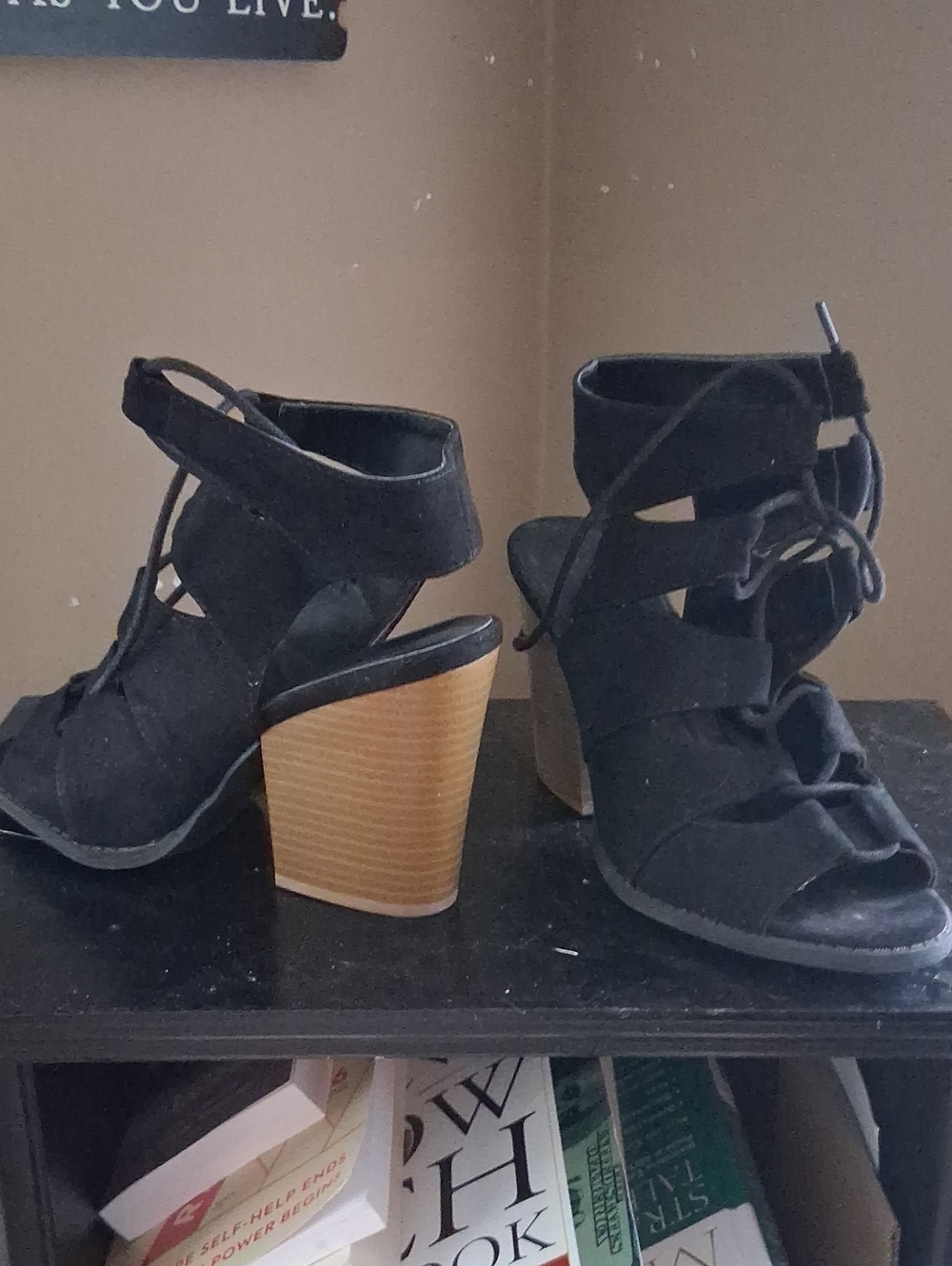 Charlotte Russe Black Lace-Up Block Heel Sandals with Wood-Look Heel